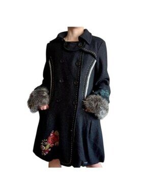 Desigual Womens Black Embroidered Wool Blend Coat Size Medium (38) Faux Fur Trim